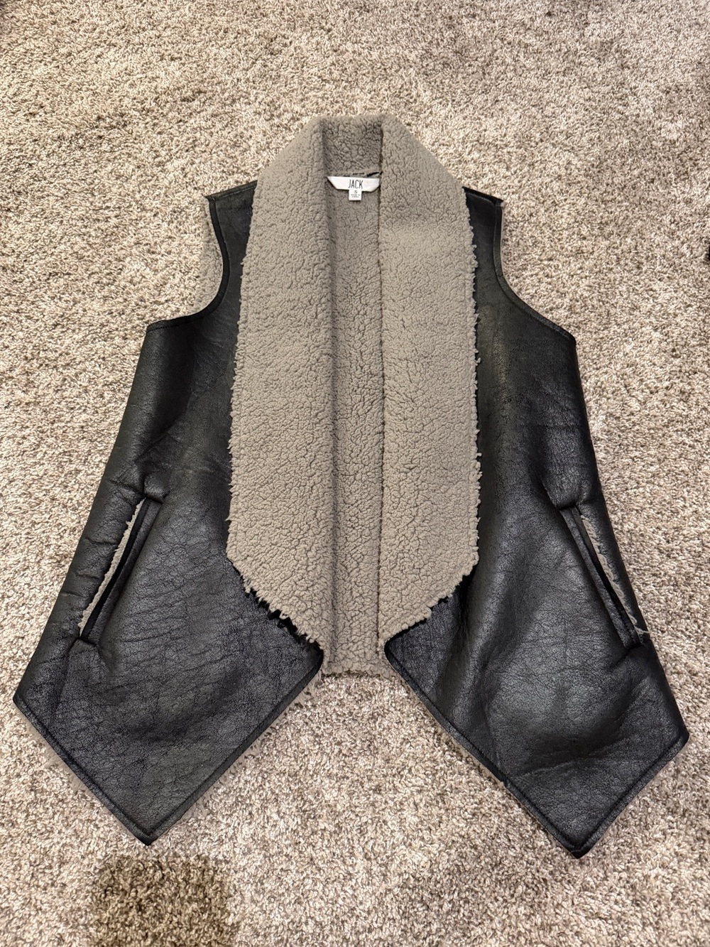 Black Faux Leather Vest with Gray Sherpa Collar